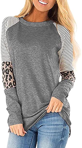 Photo 1 of Leopard Print Tops for Women Long Sleeve Crew Neck Patchwork T Shirt Blouse
( MEDIUM)