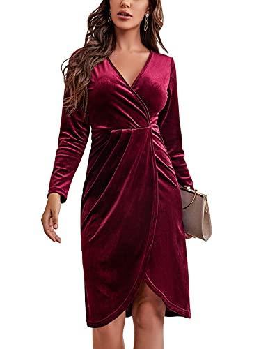 Photo 1 of Laqeyko Velvet Dresses for Wedding Guest Women Long Sleeve V Neck Party Maroon Dress Small
