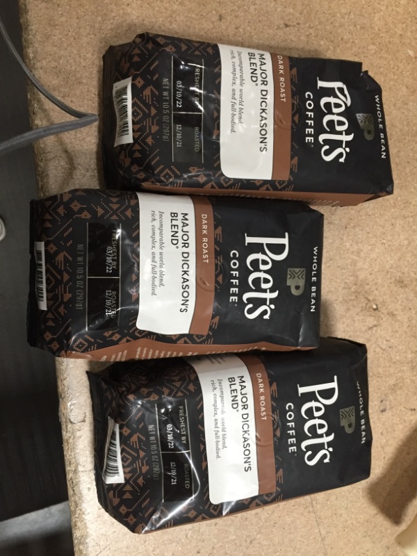 Photo 2 of ** EXP:03/10/22**  SETS OF 3**  ** NON-REFUNDABLE** SOLD AS IS**
Peets Coffee Coffee, Whole Bean, Dark Roast, Major Dickason’s Blend - 10.5 oz