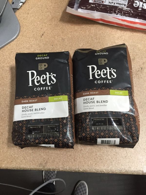 Photo 2 of ** EXP: 03/17/2022**  SETS OF 2 **  NON-REFUNDABLE*** SOLD AS IS **
Peet's Coffee, Dark Roast Decaffeinated Ground Coffee - Decaf House Blend 18 Ounce Bag
