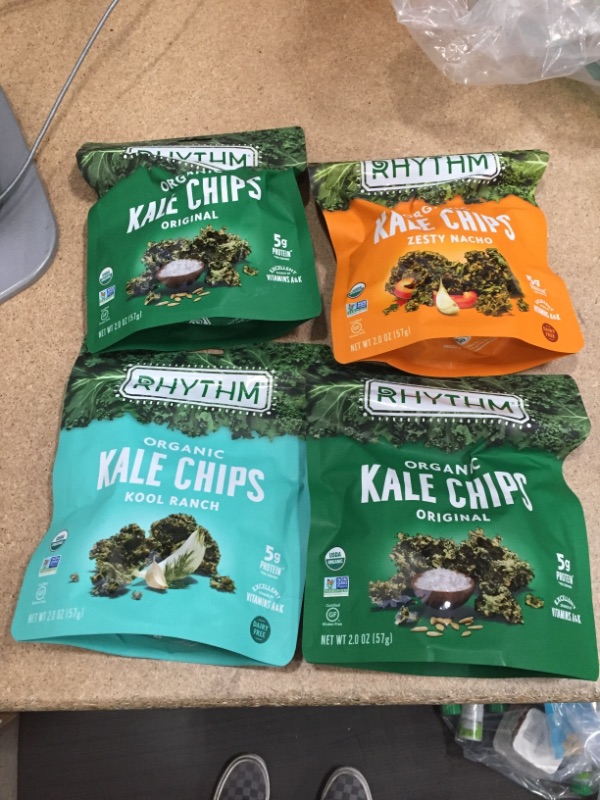 Photo 2 of ** APR 10 2022 *** NON-REFUNDABLE **  SOLD AS IS**  
Rhythm Superfoods Kale Chips, Variety Pack, Original/Zesty Nacho/Kool Ranch/Mango Habanero, Organic and Non-GMO, 2.0 Oz (Pack of 4), Vegan/Gluten-Free Superfood Snacks
