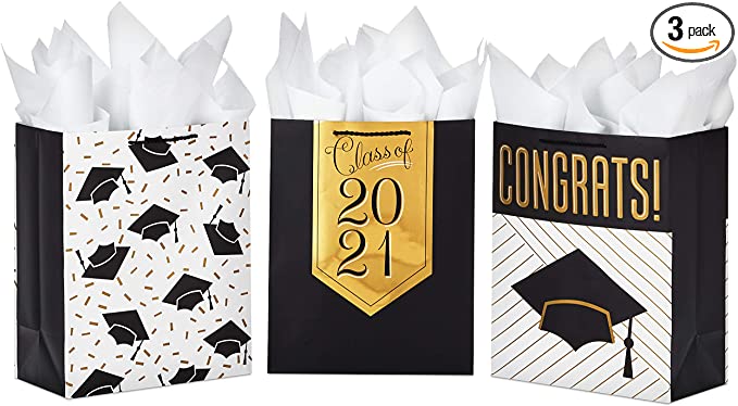 Photo 1 of ** SETS OF 2**
Hallmark 13" Large Graduation Gift Bags Assortment with Tissue Paper (3 Pack: Black and Gold "Class of 2021," "Congrats," Mortarboards)