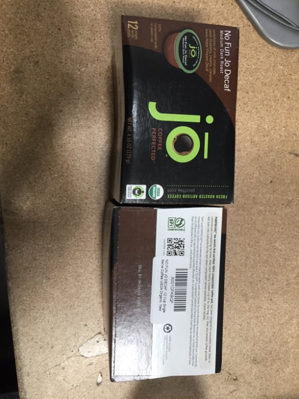 Photo 2 of ** EXP:04/24/22**  ** NON-REFUNDABLE**  **SETS OF 2**  ** SOLD AS IS **
NO FUN JO DECAF: 12 Cup Organic Swiss Water Process Decaffeinated Single Serve Coffee, Eco-Friendly Compostable Coffee Pods for Keurig 2.0 K-Cup Compatible Brewers, Medium/Dark Roast,