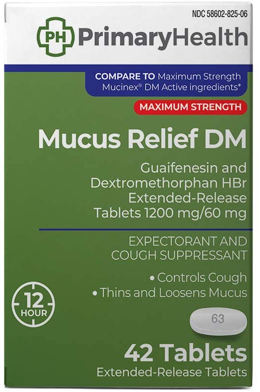Photo 1 of **EXPIRES 05/2022**
Primary Health Mucus Relief DM Maximum Strength Dextromethorphan 60mg, Guaifenesin 1200mg, Extended-Release Tablets, 42Count