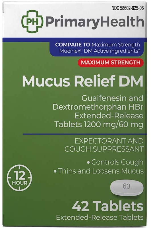 Photo 1 of **EXPIRES 05/2022**
Primary Health Mucus Relief DM Maximum Strength Dextromethorphan 60mg, Guaifenesin 1200mg, Extended-Release Tablets, 42Count