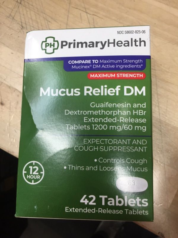 Photo 1 of **EXPIRES 05/2022**
Primary Health Mucus Relief DM Maximum Strength Dextromethorphan 60mg, Guaifenesin 1200mg, Extended-Release Tablets, 42Count