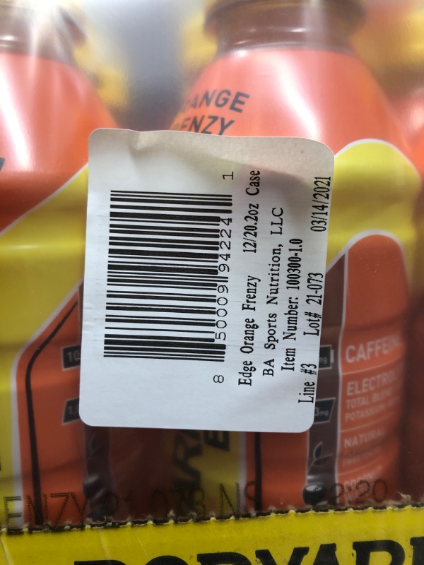 Photo 3 of **NONREFUNDABLE//MANUFACTURE DATE: 3/14/2021**
BODYARMOR EDGE Sports Drink with Caffeine, Orange Frenzy, Potassium-Packed Electrolytes, Caffeine Boost, Natural Flavors With Vitamins, Perfect for Athletes 20.2 Fl Oz (Pack of 12)
