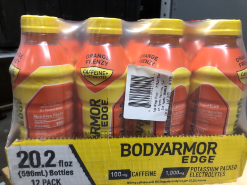 Photo 2 of **NONREFUNDABLE//MANUFACTURE DATE: 3/14/2021**
BODYARMOR EDGE Sports Drink with Caffeine, Orange Frenzy, Potassium-Packed Electrolytes, Caffeine Boost, Natural Flavors With Vitamins, Perfect for Athletes 20.2 Fl Oz (Pack of 12)
