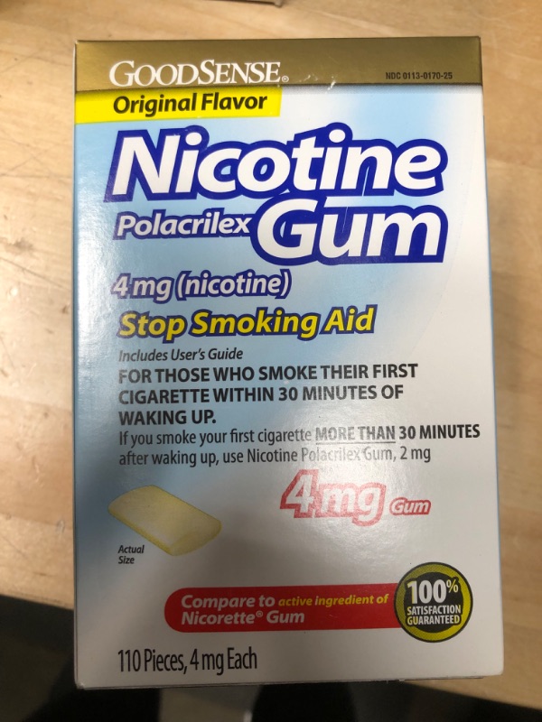 Photo 2 of **BEST BY: 5/2022**
GoodSense Nicotine Polacrilex Uncoated Gum 4 mg (Nicotine), Original Flavor, Stop Smoking Aid; Quit Smoking with Nicotine Gum, 110 Count