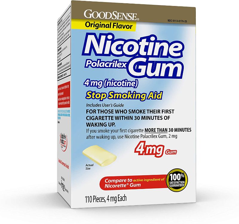 Photo 1 of **BEST BY: 5/2022**
GoodSense Nicotine Polacrilex Uncoated Gum 4 mg (Nicotine), Original Flavor, Stop Smoking Aid; Quit Smoking with Nicotine Gum, 110 Count