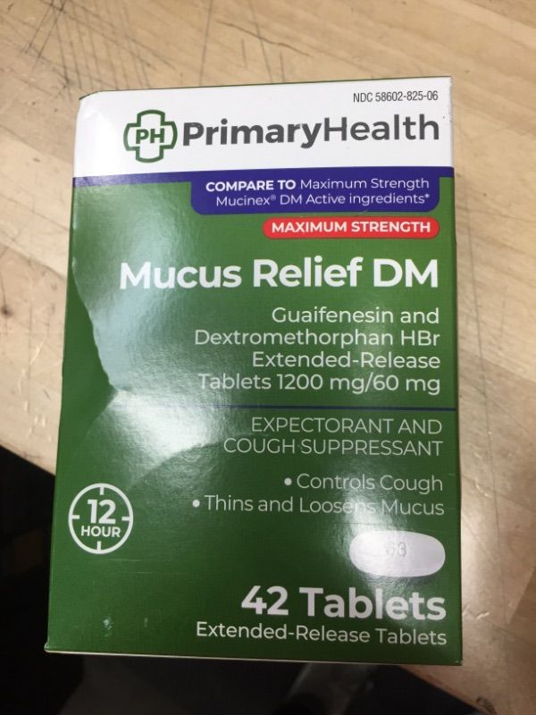 Photo 2 of **BEST BY: 5/2022**
Primary Health Mucus Relief DM Maximum Strength Dextromethorphan 60mg, Guaifenesin 1200mg, Extended-Release Tablets, 42Count