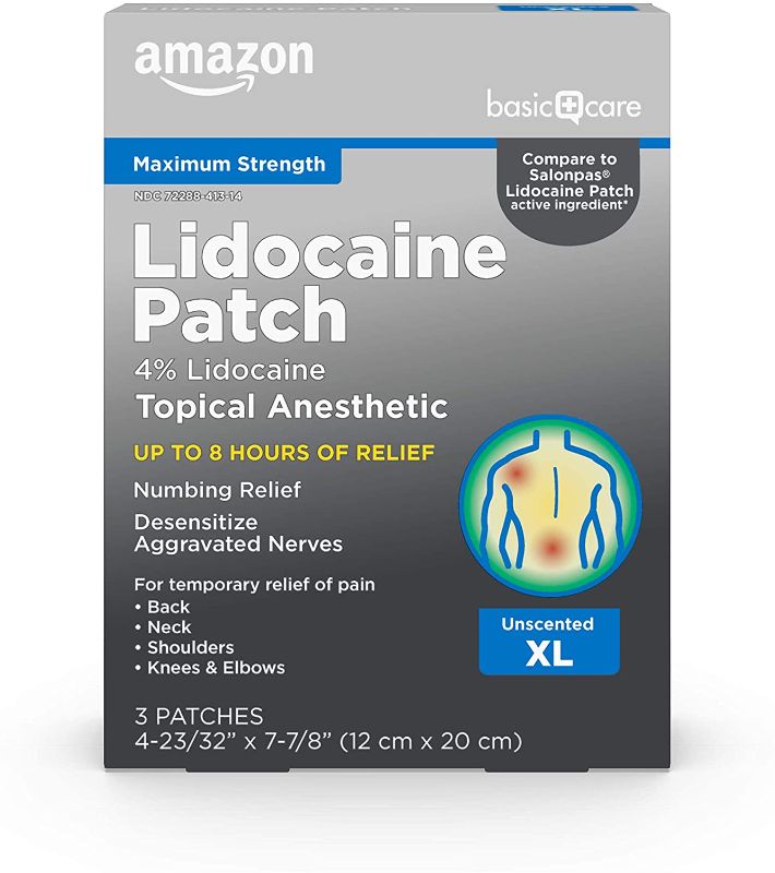 Photo 1 of **EXPIRATION DATE: 6/2022**
Amazon Basic Care Lidocaine Patch, 4 Percent Topical Anesthetic XL, Maximum Strength Pain Relief, 12 cm x 20 cm, 3 Count

**3 PACKS, TOTAL OF 9 PATCHES**