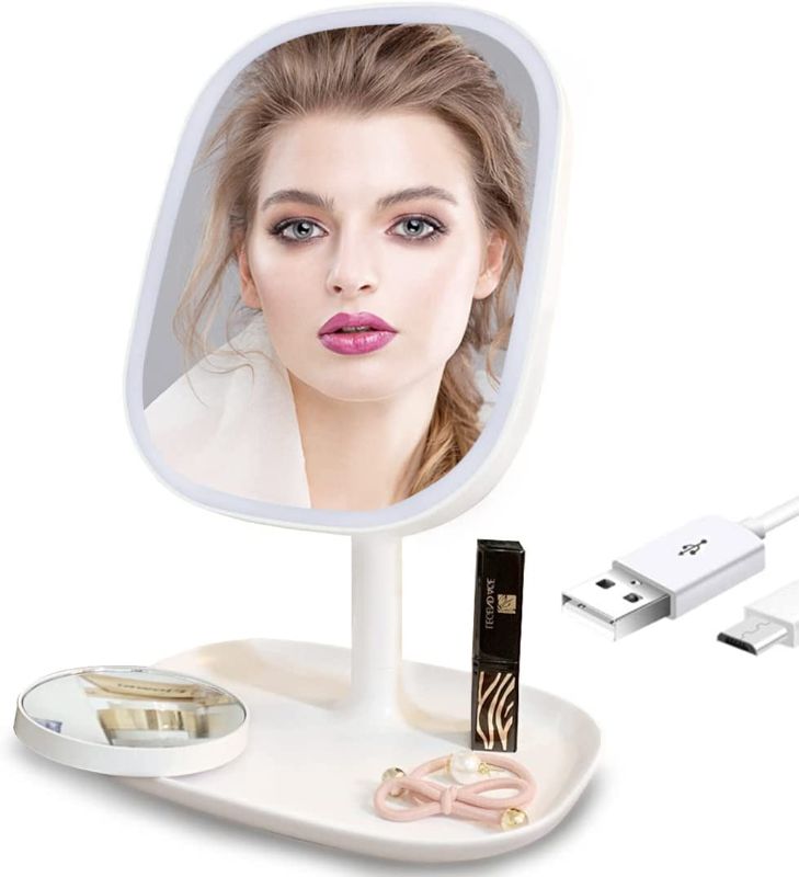 Photo 1 of Vanity Mirror with Lights, Personal Makeup Mirrors | Lighted Makeup Desk Mirror | Touch Screen 3Color Light Dimmable Mirror for Dorm Decor (White) 