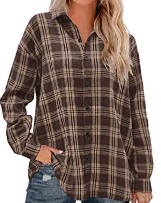 Photo 1 of Flannel Shirts for Women Plaid Shirt Button Casual Long Sleeve Blouses Tops XXL