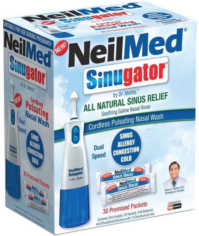 Photo 1 of NeilMed Sinugator Cordless Pulsating Nasal Wash Kit with One Irrigator, 30 Premixed Packets and 3 AA Batteries