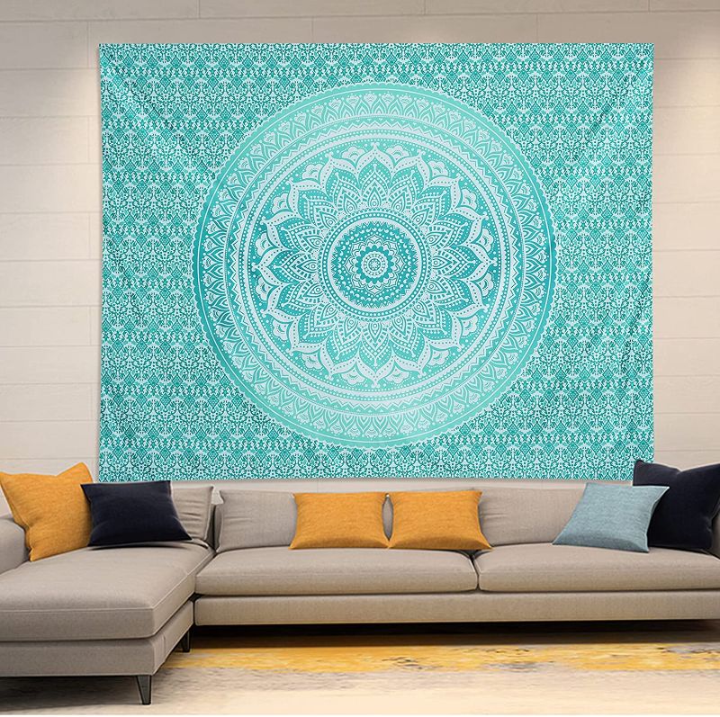 Photo 1 of Mandala Tapestry Wall Hanging Teal BOHO Pattern Bohemian Flowers Lotus Circles Indian Hippie Turquoise Blue Wall Tapestry Spring Fall Home Decor for Bedroom Living Room Premium Peached Material
