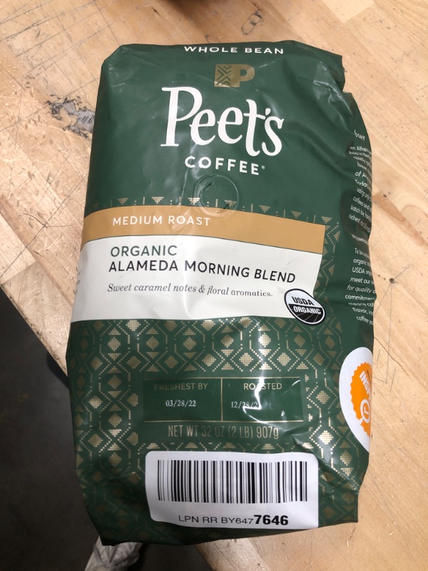 Photo 2 of **BEST BY:  3/28/2022**NONREFUNDABLE**
Peet's Coffee, Medium Roast Whole Bean Coffee - Organic Alamenda Morning Blend 32 Ounce Bag, USDA Organic
