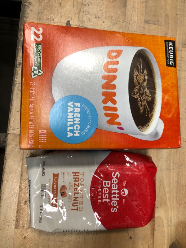 Photo 1 of **NONREFUNDABLE**BEST BY:2/13/2022**BEST BY: 4/30/2022**
Dunkin' Coffee, French Vanilla Flavored Coffee, K Cup Pods for Keurig Coffee Makers 22COUNT 
Seattle's Best Coffee Toasted Hazelnut Flavored Medium Roast Ground Coffee, 12 Ounce