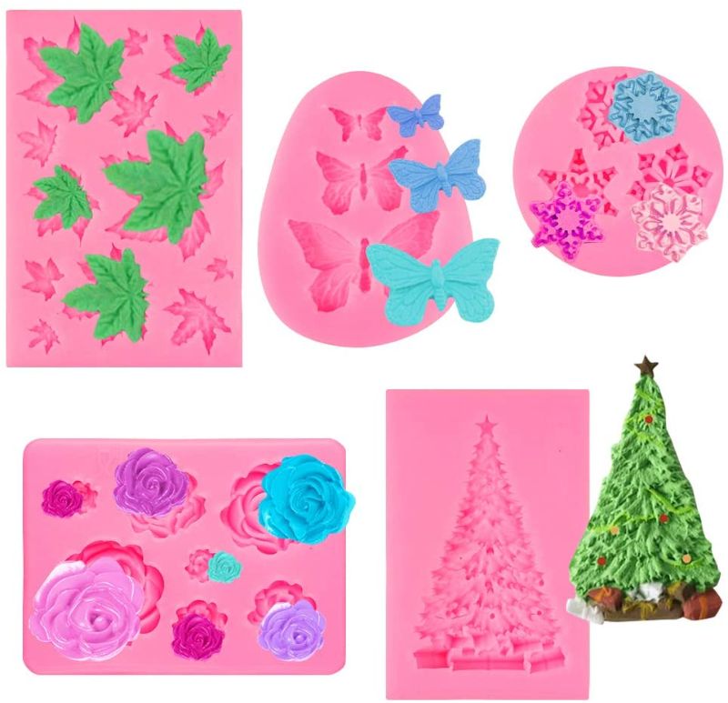 Photo 1 of BUNDLE OF 3
5Pcs Fondant Silicone Molds, Cake Silicone Molds, Rose Flower, Maple Leaves, Butterfly Christmas Tree and Snowflakes Candy Silicone Molds Set, Cupcake Baking Molds, Fondant Cake Decorating Tools
