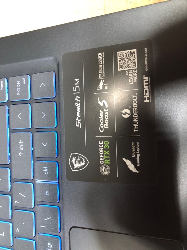 Photo 3 of MSI Stealth 15M Gaming Laptop: 15.6" 144Hz FHD 1080p Display, Intel Core i7-11375H, NVIDIA GeForce RTX 3060, 16GB, 512GB SSD, Thunderbolt 4, WiFi 6, Win10, Carbon Gray (A11UEK-009)
