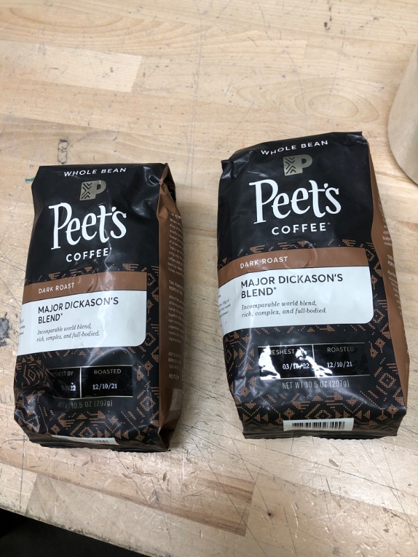 Photo 2 of **NONREFUNDABLE** BEST BY: 3/10/2022**
Peets Coffee Coffee, Whole Bean, Dark Roast, Major Dickason’s Blend - 10.5 oz
2 PACK