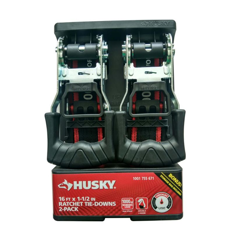 Husky 16 Ft. X 1-1/2 in. Ratchet Tie-Down Straps with J Hook (2-Pack ...