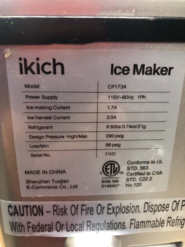 Photo 3 of INCOMPLETE IKICH Portable Ice Maker Machine for Countertop, Ice Cubes Ready in 6 Mins, Make 26 lbs Ice in 24 Hrs
**MISSING 1 SCOOP**