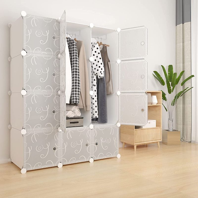 Photo 1 of JKWAY DIY 12 Cube Storage Organizer with Doors, Portable Closet Wardrobe 14"x18" Depth 12 Cubes Clothes Organizer, Storage Cabinet Book Shelf for Bedroom, Living Room, Office, Dorm Room (White)
