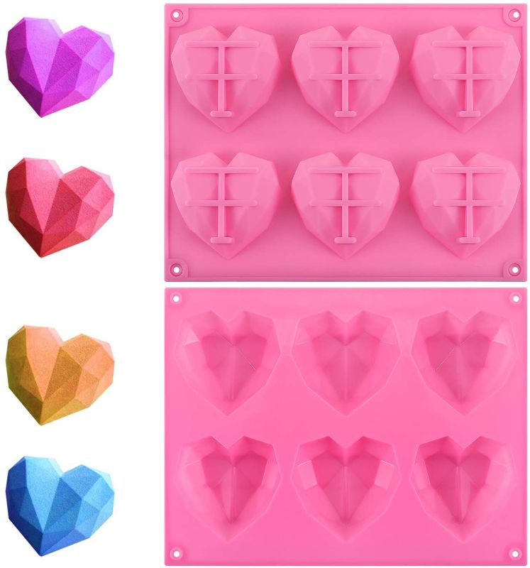 Photo 1 of **PACK OF 3**
DIFENLUN Diamond Heart Silicone Cake Mold, 2 Pieces 6-Cavities Non-Sticky Love Shaped Mousse Dessert Baking Pan Trays for Baking Chocolate Valentine’s Day Cake, Candy, Soap, Chocolate Mousse
