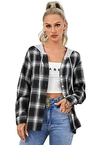 Photo 1 of Verdusa Women's Plaid Button Front Long Sleeve Drawstring Hoodie Overshirt Jacket, Medium
