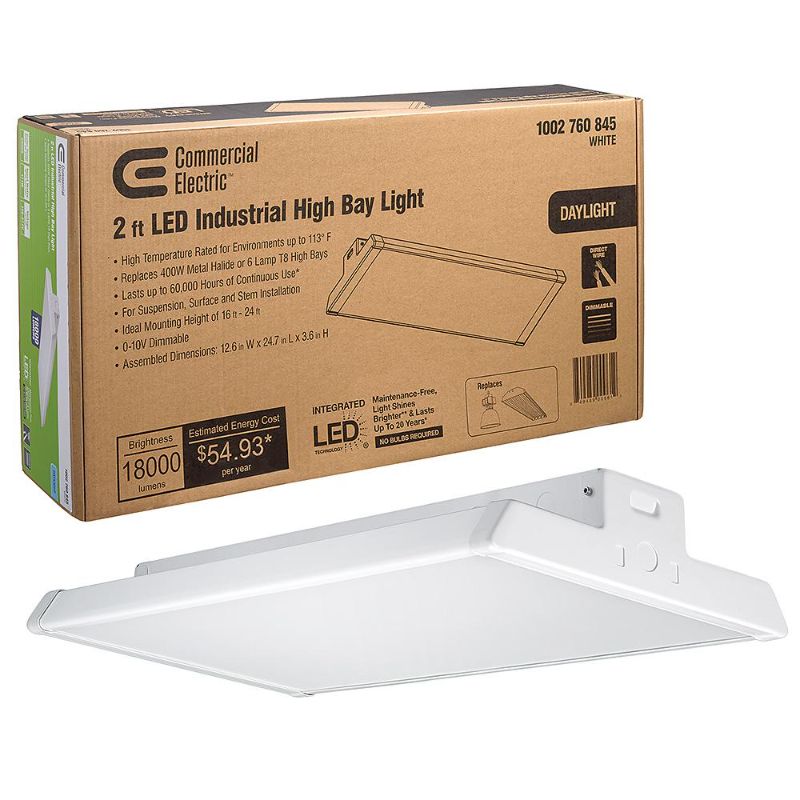 Photo 1 of (COSMETIC DAMAGES TO SHELL) 
Commercial Electric 2 Ft. 400-Watt Equivalent Integrated LED Dimmable White High Bay Light High Output 18,000 Lumens 5000K Daylight
