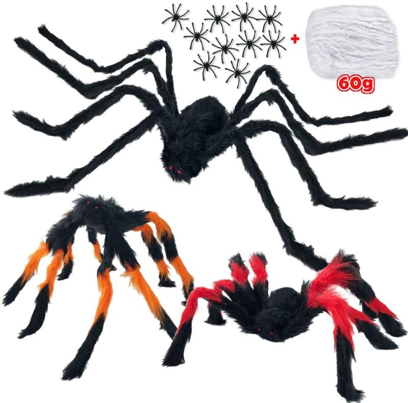 Photo 1 of **PACK OF 2**
Halloween Spider Decorations, Halloween Scary Giant Realistic Red Eyes Hairy Spider Props, with Spider Silk and 10 Small Spiders for Haunted House, Window, Wall, Yard, Outdoor/Indoor Party Decor
