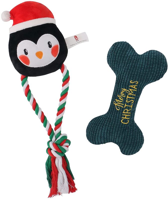 Photo 1 of **SET OF 2**
D KING D KING Christmas Dog Toy,Plush Dog Rope Toys,Tug of War Dog Toy (Penguin+Green Bone)
