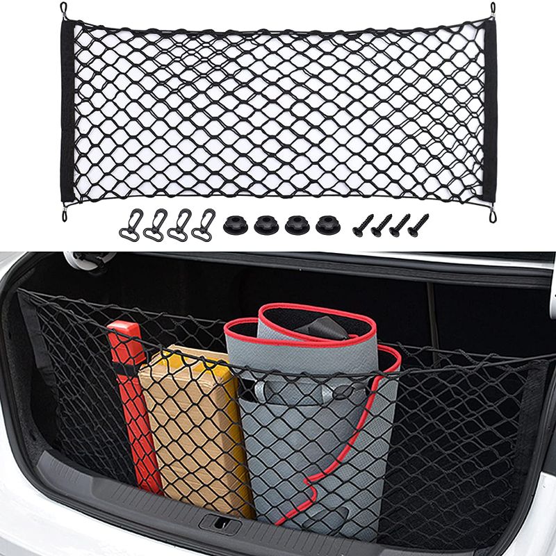 Photo 1 of **SET OF 2**
Cotree Car Rear Cargo Net, Adjustable Elastic Storage Organizer Net, Storage Nylon Mesh Double-Layer with Hooks , Cargo Net Universal Fit for Car/SUV /Vehicle (35.4 x 15.7 inch)
