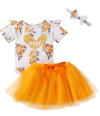 Photo 1 of **SET OF 2**
Newborn Girl First Birthday Outfits Baby One Floral Ruffles Romper+Toddler Kids Tutu Skirts+Headband 3pcs Clothes Sets, (1T)
