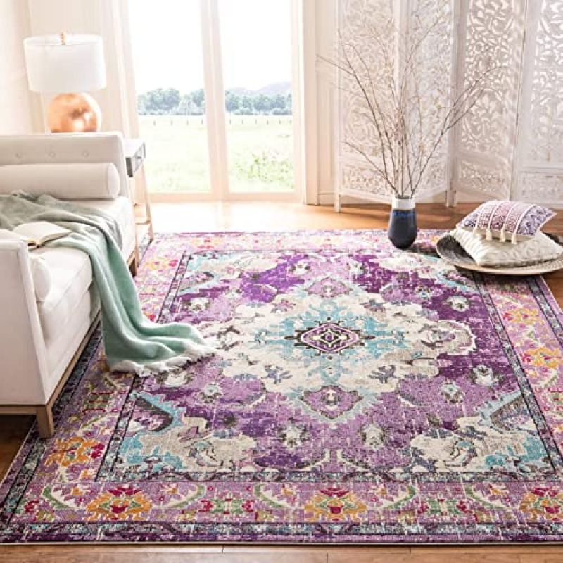 Photo 1 of SAFAVIEH Monaco Collection MNC243L Boho Chic Medallion Distressed Non-Shedding Living Room Bedroom Area Rug, 5'1" x 7'7", Violet / Light Blue
