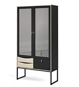 Photo 1 of INCOMPLETE-BOX 2 OF 2-Tvilum 2 Glass Door China Cabinet with 3 Drawers, Black Matte/Oak Structure
