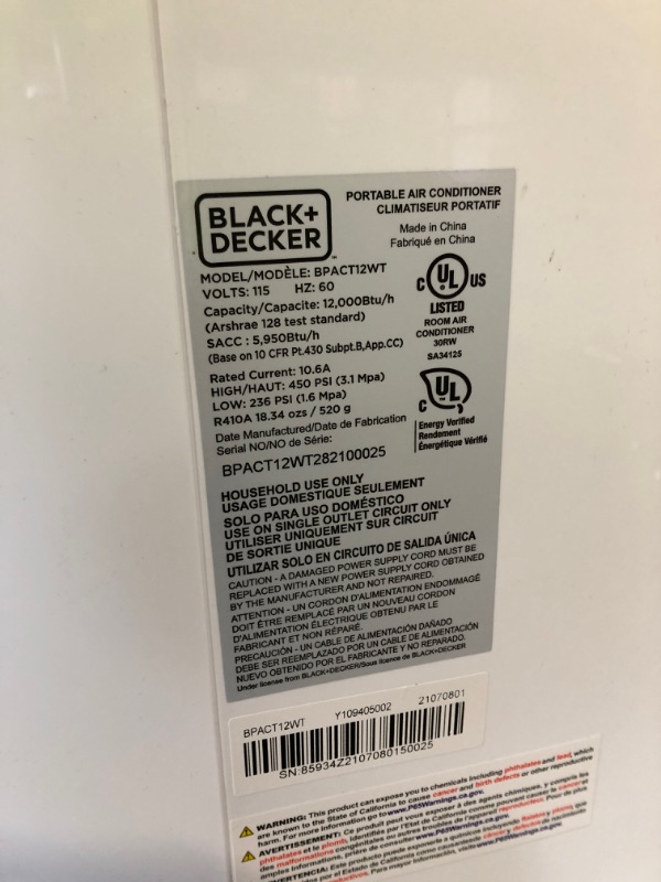 Photo 5 of **PARTS ONLY**
BLACK+DECKER BPACT12WT Portable Air Conditioner, 12,000 BTU, White & Black