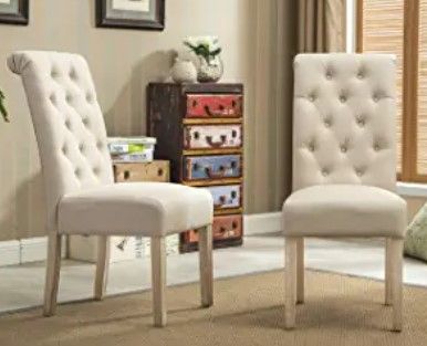 Photo 1 of Roundhill Furniture Habit Solid Wood Tufted Parsons Dining Chair (Set of 2), Tan
