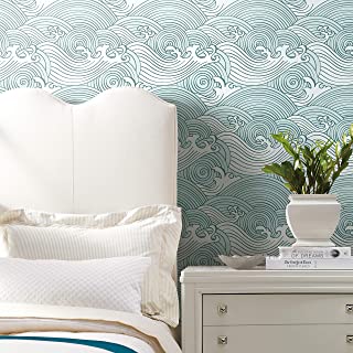 Photo 1 of RoomMates RMK11902RL Teal and White Asian Waves Peel and Stick Wallpaper