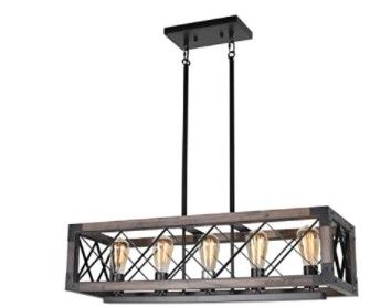 Photo 1 of Baiwaiz Rustic Wood Chandelier, Metal Rectangle Dining Room Chandelier Lighting Farmhouse Kitchen Pendant Island Light Fixtures 5 Lights Edison E26 032A
