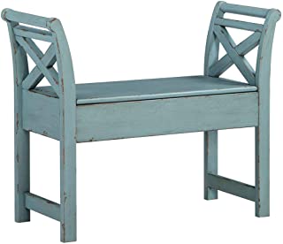 Photo 1 of Signature Design by Ashley Heron Ridge Antique Distressed Wood Accent Bench with Storage, Blue