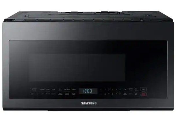 Photo 1 of Samsung 30 in. 2.1 cu. ft. Over the Range Microwave in Fingerprint Resistant Black Stainless with Ceramic Enamel Interior