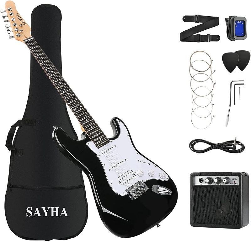 Photo 1 of INCOMPLETE (AMP DOES NOT FUNCTION) SAYHA Electric Guitar, 39 Inch Solid Full-size Electric Guitar HSS Pickups Starter Kit Includes Amplifier, Bag, Digital Tuner, Strap, String, Cable, Picks (Black)
**MISSING EXTRA STRINGS, MISSING PICKS, MISSING 2 WHAMMY 
