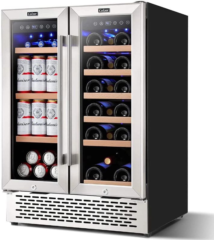 Photo 1 of Colzer 24 inch Wine and Beverage Refrigerator Dual Zone Wine Cooler Under Counter Lockable 18 Bottles and 57 Cans Beverage Fridge Center Built in Freestanding with Glass Door for Beer Soda Drink Bar Kitchen Cabinet Commercial
