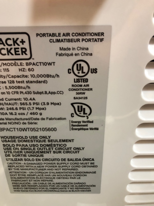 Photo 4 of BLACK+DECKER 5,500 BTU DOE (10,000 BTU ASHRAE) Portable Air Conditioner with Remote Control, White
