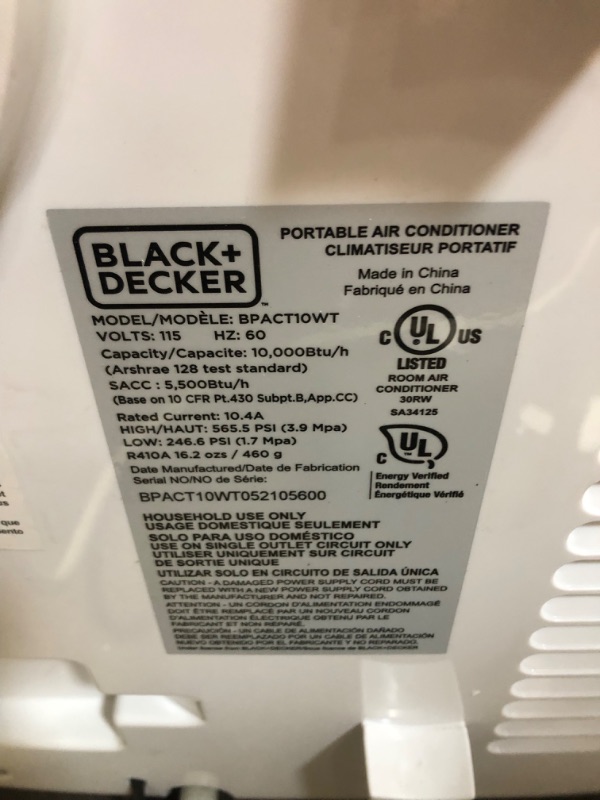 Photo 1 of BLACK+DECKER 5,500 BTU DOE (10,000 BTU ASHRAE) Portable Air Conditioner with Remote Control, White
