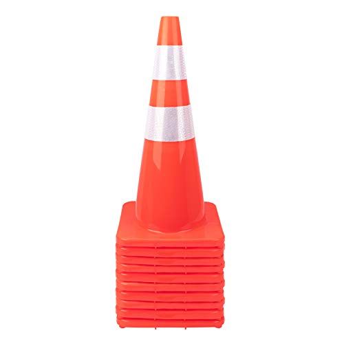 Photo 1 of [ 10 Pack ] 28" Traffic Cones Plastic Road Cone PVC Safety Road Parking Cones Weighted Hazard Cones Construction Cones for Traffic Fluorescent Orange w/4" w/6" Reflective Strips Collar
