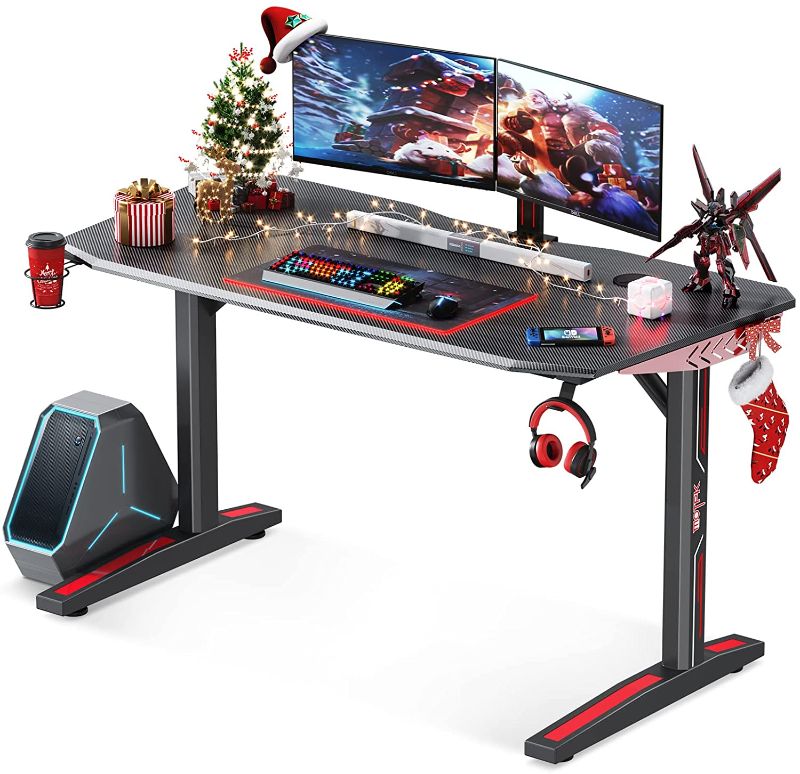 Photo 1 of MOTPK Gaming Desk, 55 Inch Home Office Desk Ergonomic Computer Desk for Gaming T-Shaped Gaming Table,Carbon Fiber Gaming Computer Desk with Cup Holder Rack and Headphone Hook,Black
