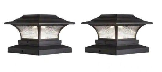 Photo 1 of Hampton Bay Solar 4 in. x 4 in. Bronze Outdoor Integrated LED Deck Post Light with 6 in. x 6 in. Adapter (2-Pack)